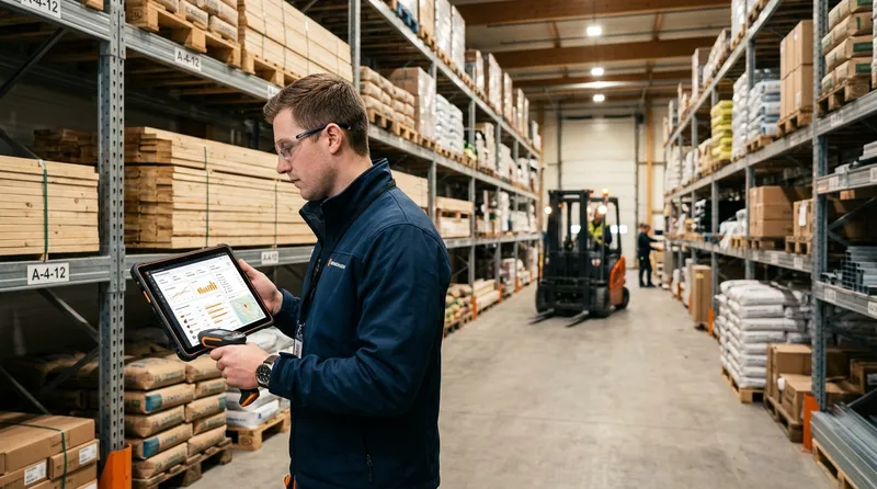 Un professionnel consulte les stocks sur sa tablette dans un dépôt de matériaux