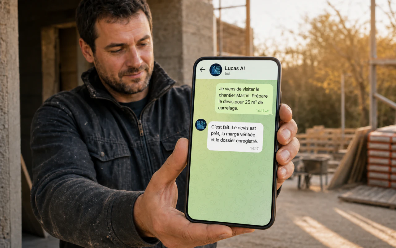 Un artisan dicte un devis à Lucas depuis son téléphone