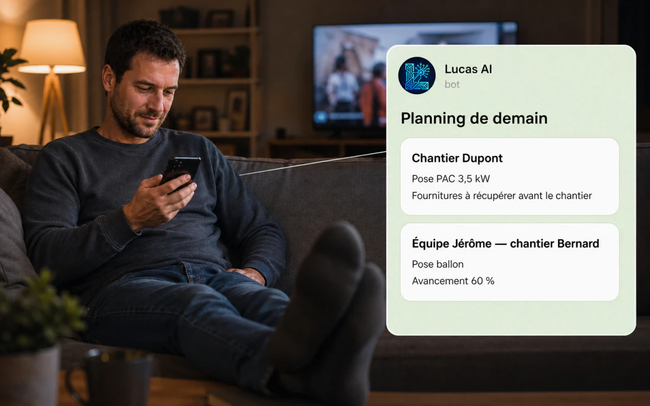 Un artisan organise son entreprise avec Lucas depuis son canapé